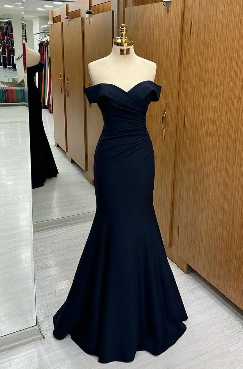 Lisliy Long Mermaid Prom Dress Navy Blue Off-the-shoulder Sweetheart Sleeveless 