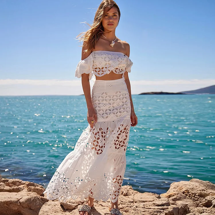 White Laser Hollowing Bikini Swimsuit and Skirt