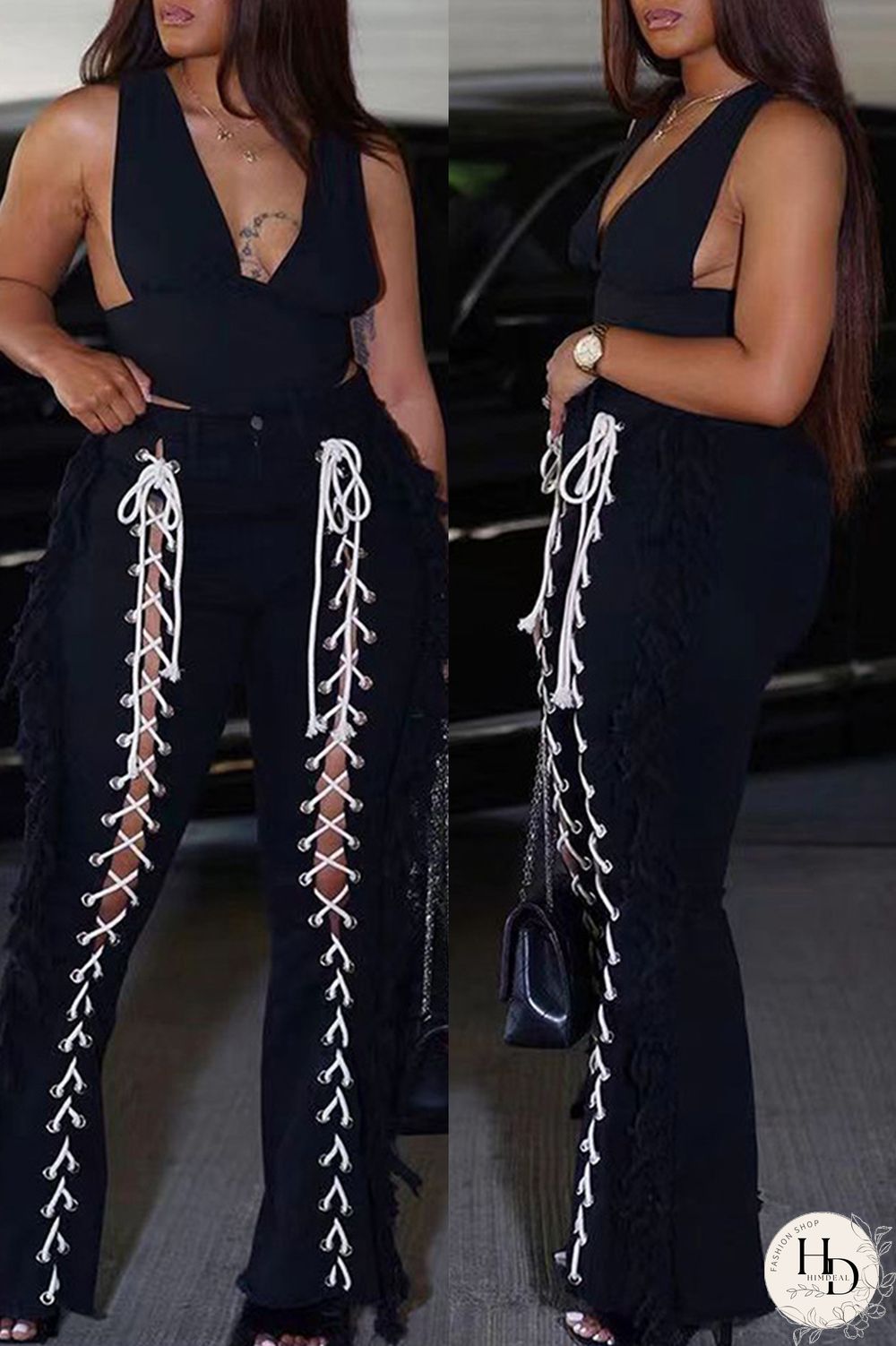 Black Fashion Casual Solid Bandage Regular High Waist Speaker Trousers