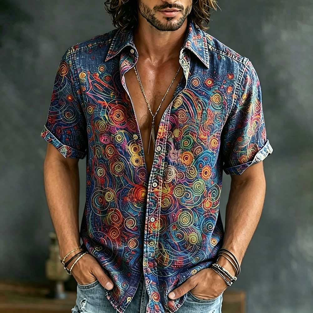 Men's Vintage Hippie Abstract Casual Short Sleeve Shirt elevenforest