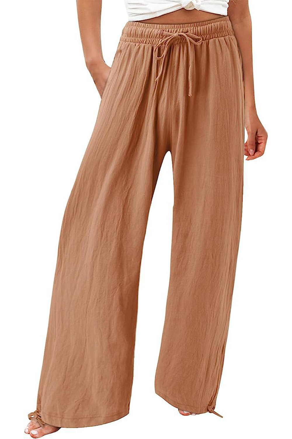 Plus Size Vacation Light Brown Cotton And Linen Pocket Drawstring Wide Leg Pants 2024 - Flycurvy 