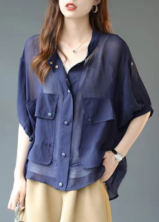 VCSHOES Blue Stand Collar Pockets Button Chiffon UPF 50+ Coats lantern sleeve