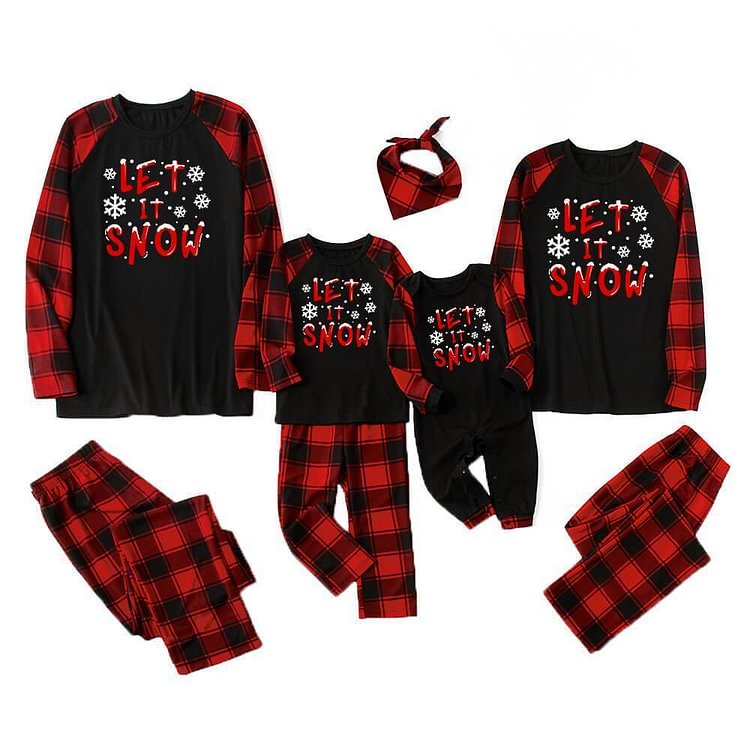 Let It Snow Snowflake Grey Top With Black&Red Plaid Pants Matching Pajamas