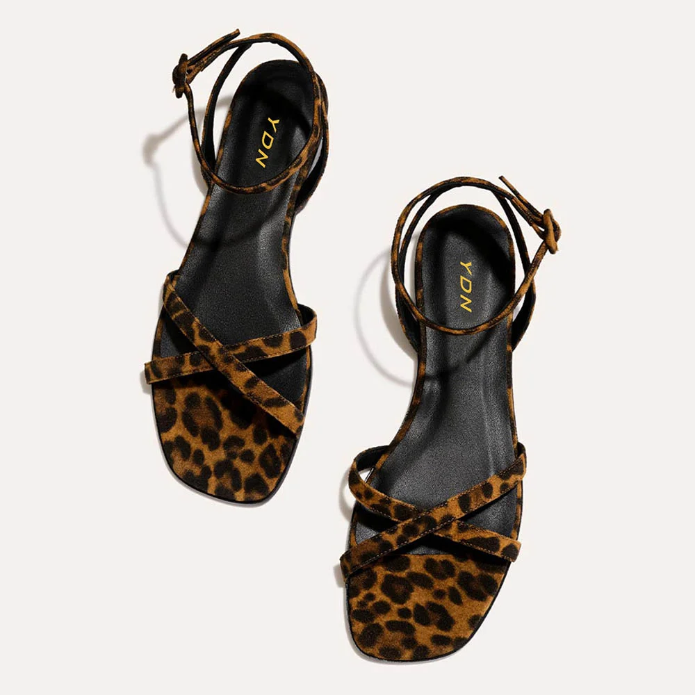 Leopard Print Open Square Toe Strappy Flat Sandals for Women