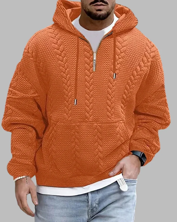 Men's Casual Textured Pattern Pocket Half Placket Drawstring Hoodie