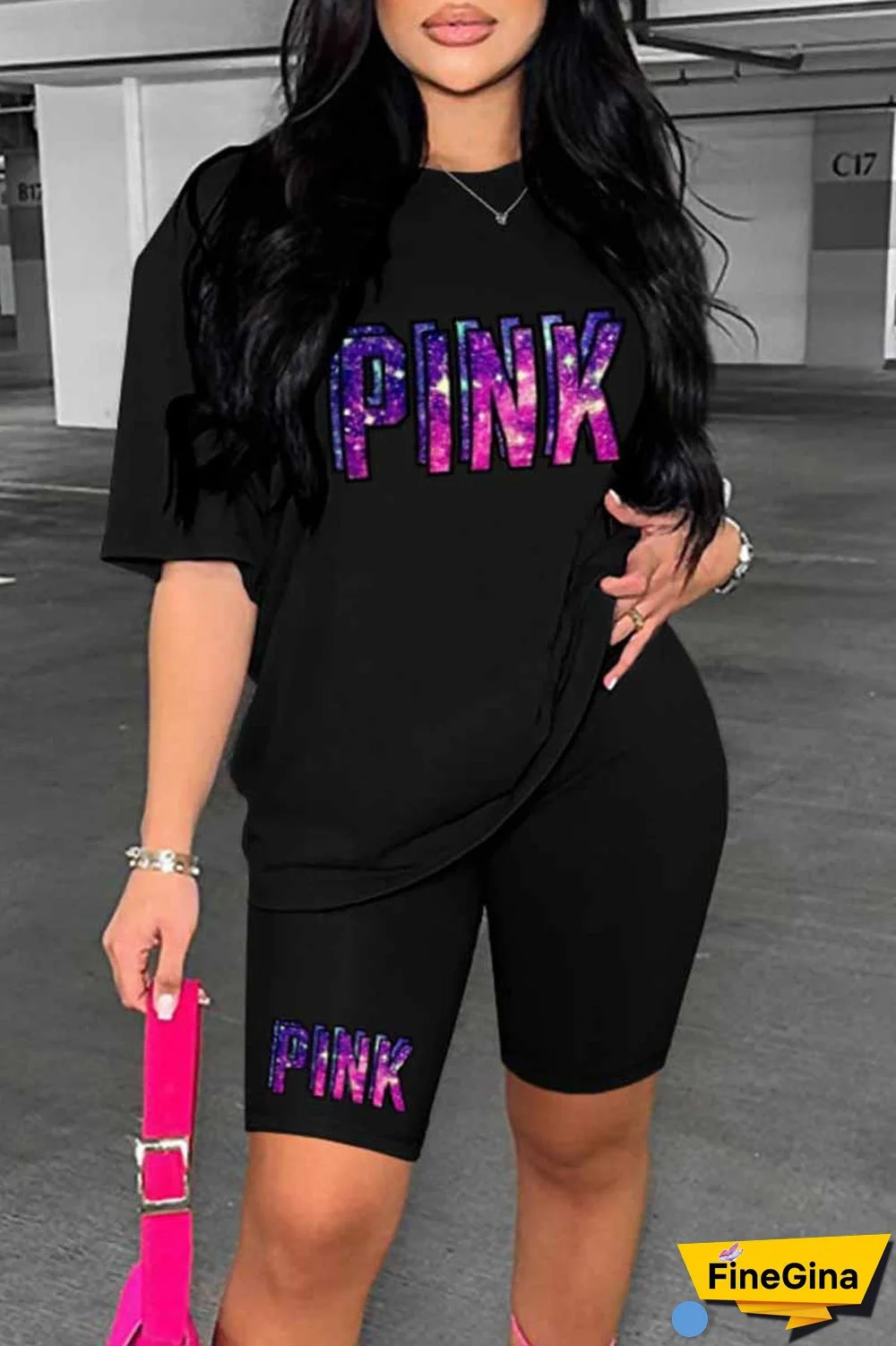 Blue Casual Print Letter O Neck Short Sleeve Two Pieces