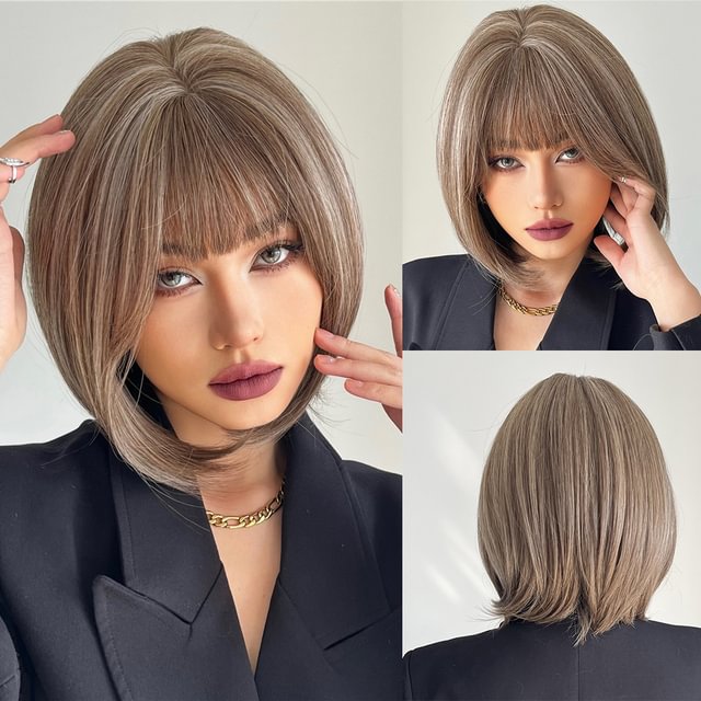 Short Bob Wig  Brown Blonde  Wigs with Bangs US Mall Lifes