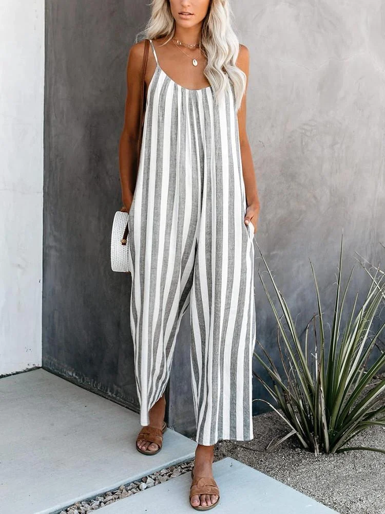 Pocket Suspender Striped Straight-leg Jumpsuit