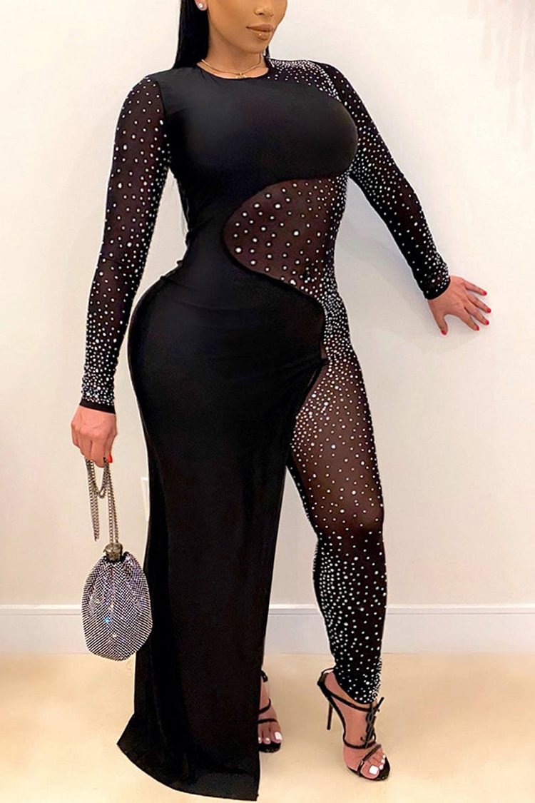 Plus Size Casual Black Sequin See-through Round Neck Long Sleeve Jumpsuits [Pre-Order]