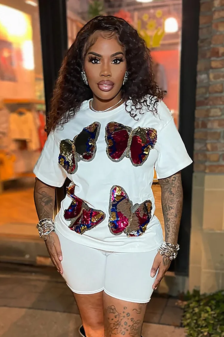 Sequin Butterfly Pattern Short Sleeve T-shirt Casual Shorts 2pcs Set-White
