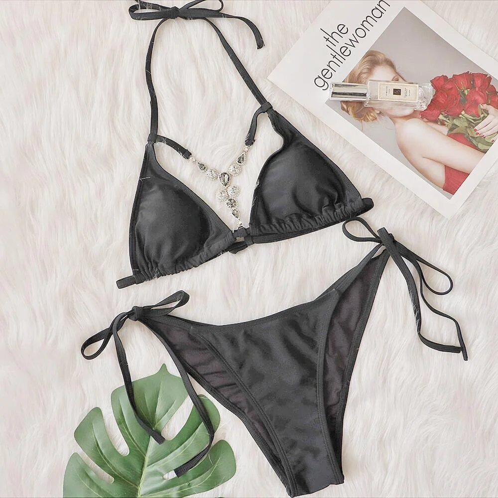 Brownm Brownm New Ins Web Celebrity Swimsuit Sexy Hollow Out Retro Crystal Diamond Bikini Straps Women's Swimsuit