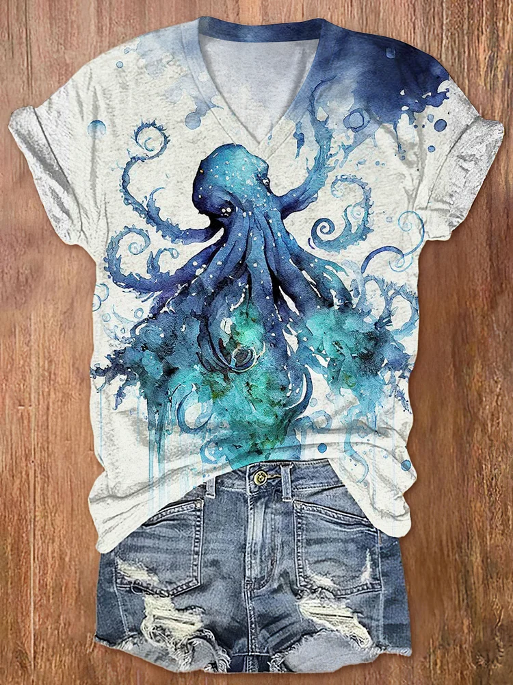 VChics Retro Watercolor Mutated Octopus Print V-Neck T-Shirt