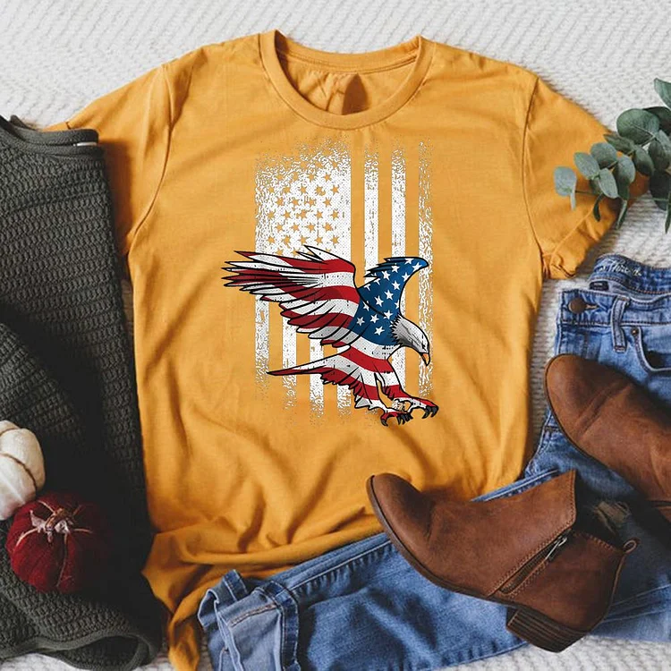 American Flag Eagle Round Neck T-shirt-018160