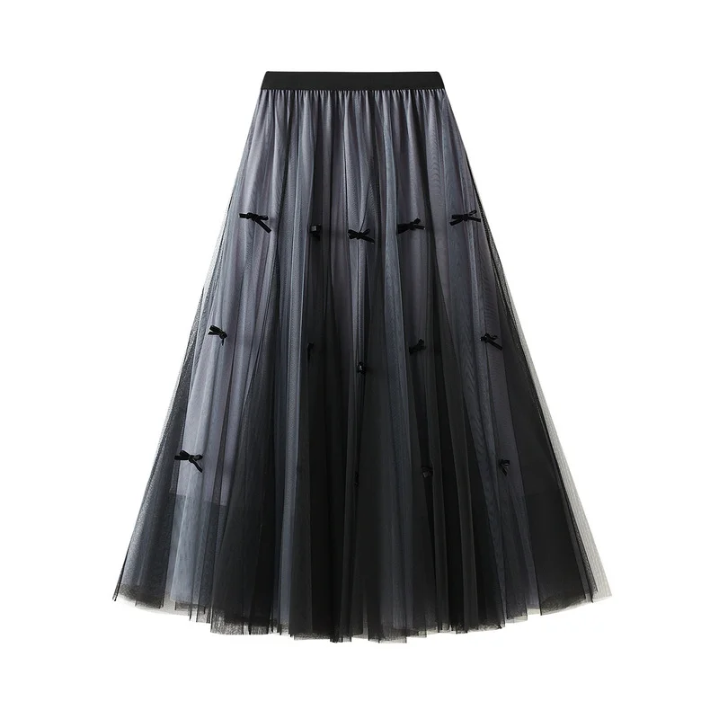 Nigikala Nigikala Gentle Fairy Design Feeling Bow Net Autumn Winter Display Thin Waist Half Body Skirt 0883