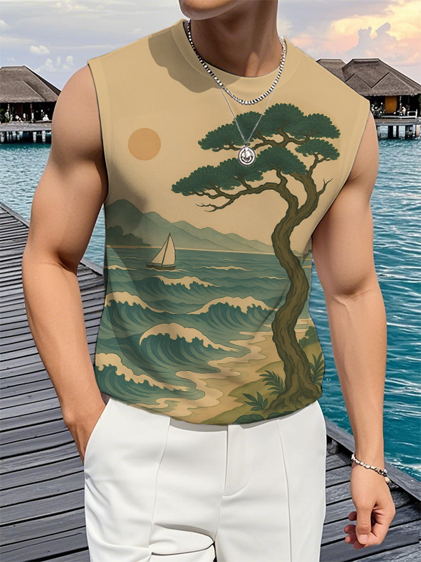 Men's Japanese Ukiyo-e Ocean Tree Art Print Tank Top