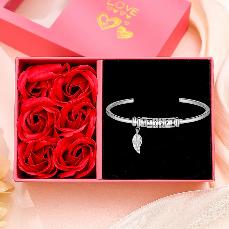 Women Bangle Bracelet with Leaf and Beads Engraved 6 Names Rose Gifts for Mother