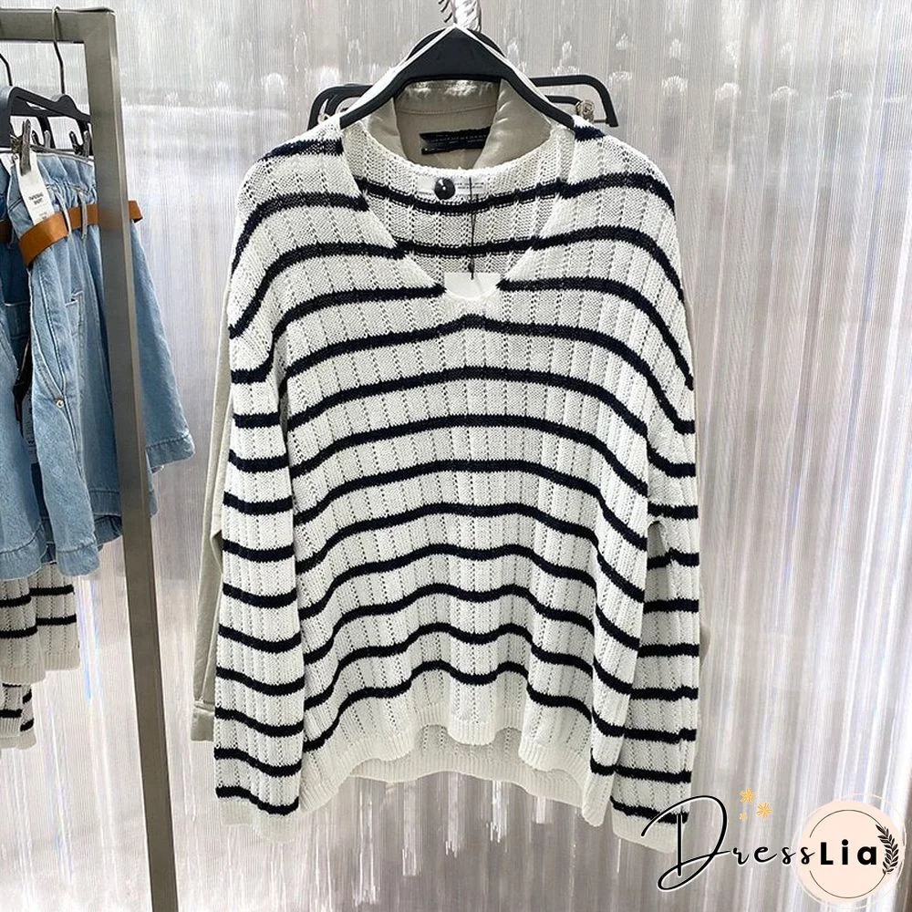 Spring Autumn Women Striped V-Neck Loose Knitted Sweater Jumper Long Sleeve Female Pullovers Chic Tops