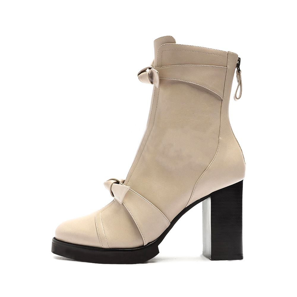 Women's Round Toe Double Knotted Block Heel Ankle Boots with Zip Nicepairs
