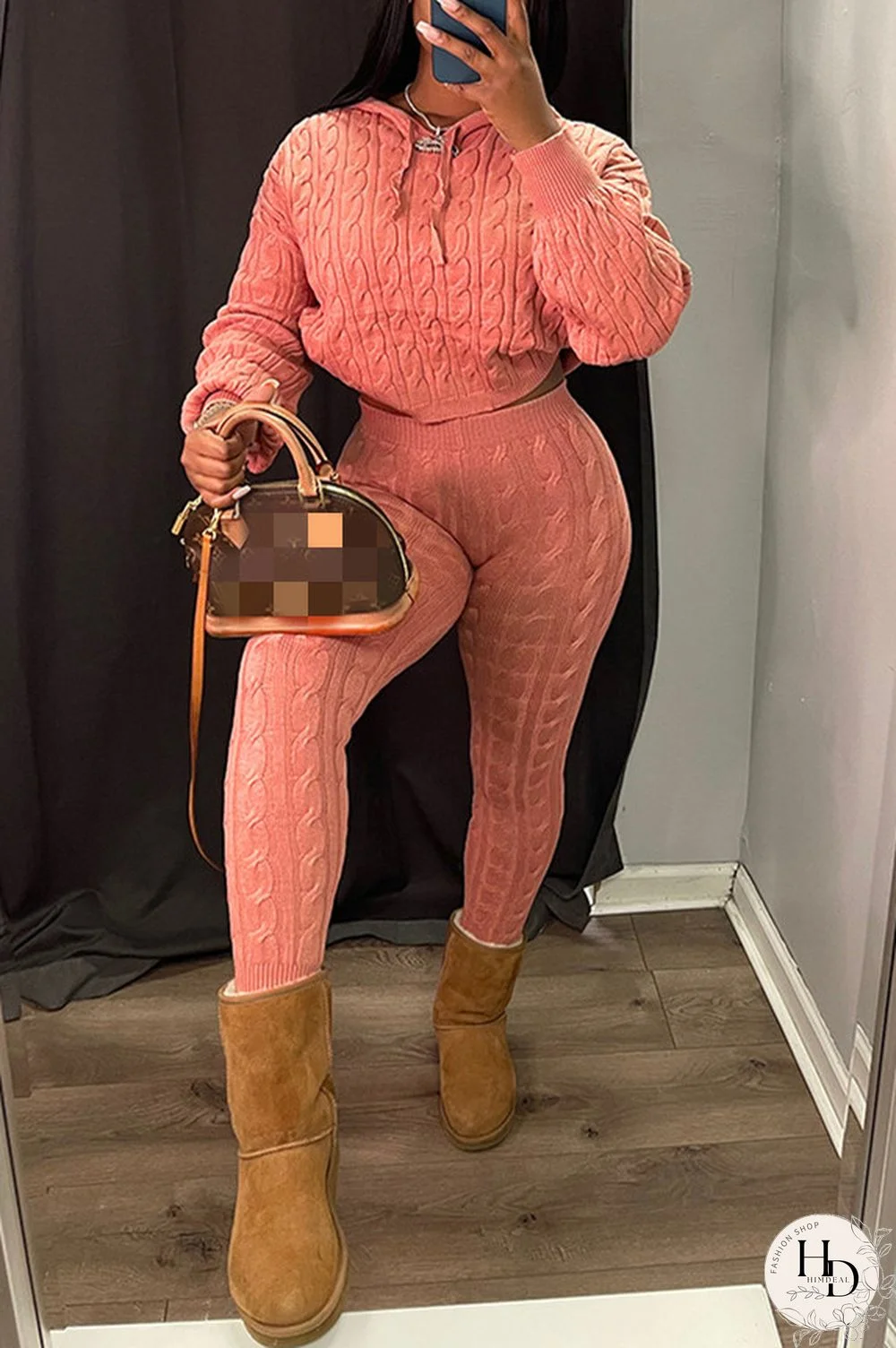 Pink Casual Solid Patchwork Hooded Collar Long Sleeve Two Pieces