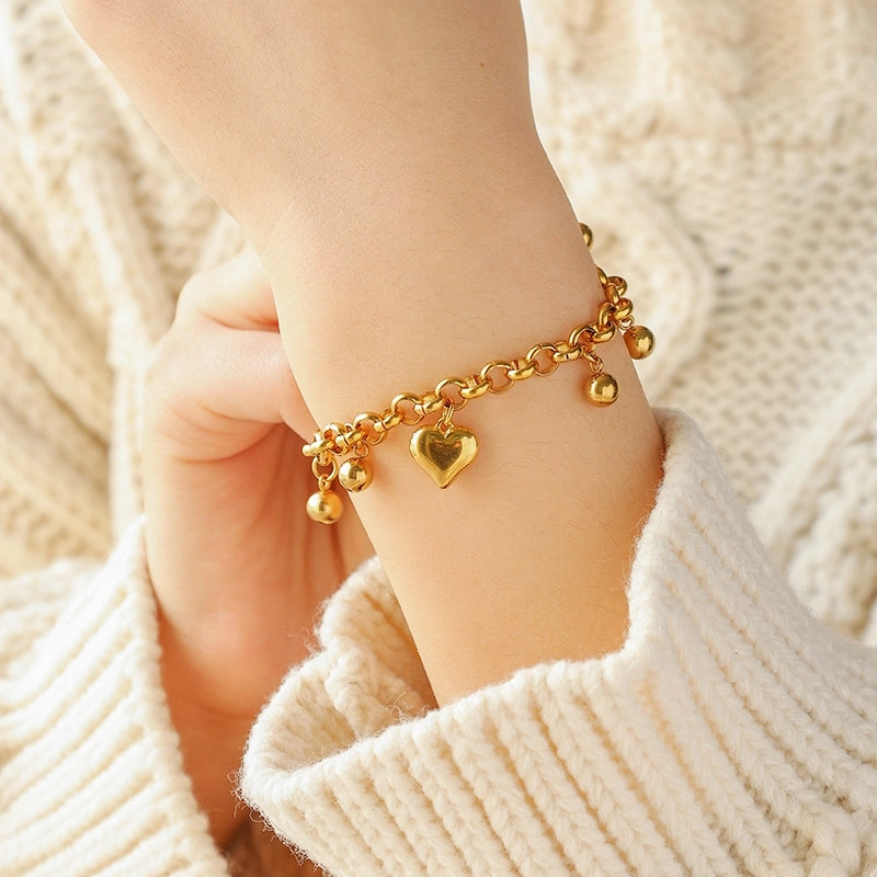 Casual Modern Style Minimalist Heart Shape 304 Stainless Steel 14K Gold Plated O-shaped Chain Multi Charms Bracelet Bracelets In Bulk