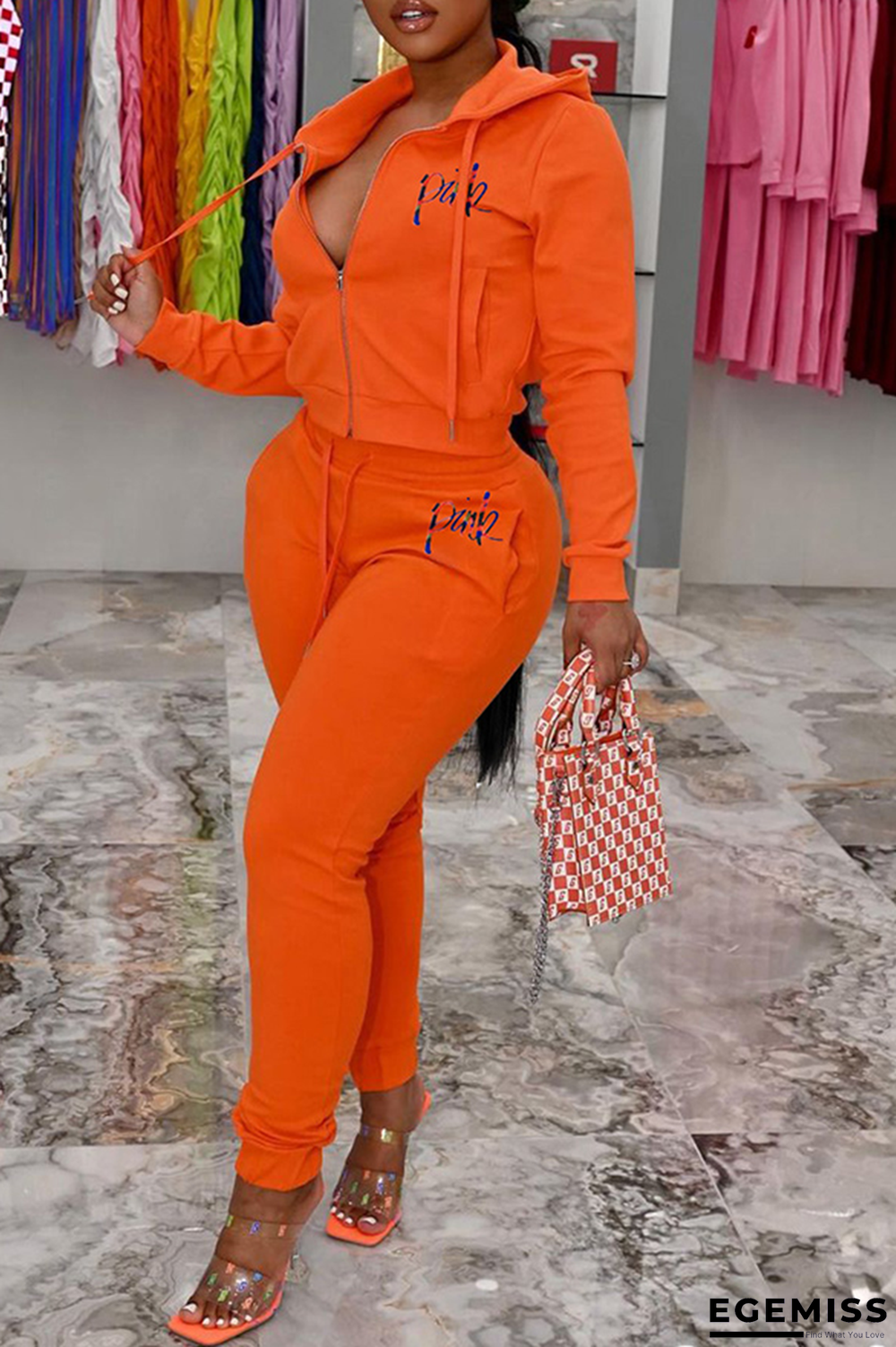 Tangerine Red Casual Print Draw String Zipper Collar Long Sleeve Two Pieces | EGEMISS