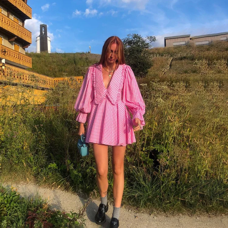 Churchf Churchf Women's Pink Checked Butterfly Collar Long-Sleeved Dress Temperament Fashion Design Sense A Line Skirt