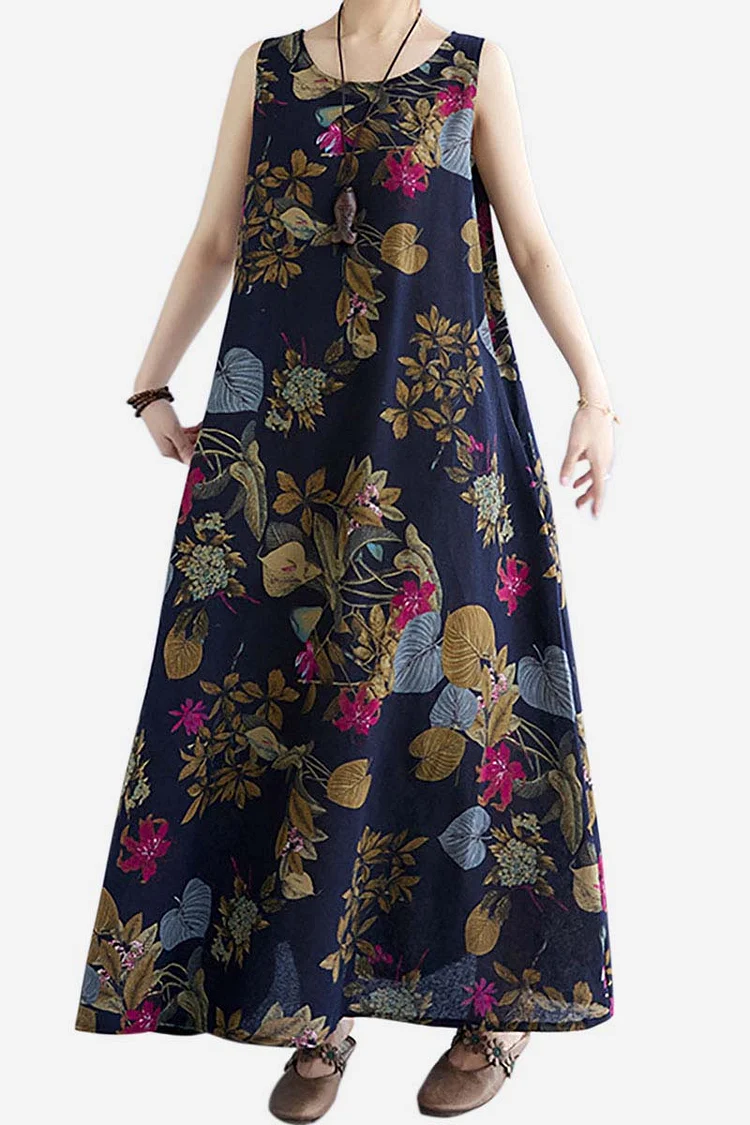 Linen Floral Print Round Neck Sleeveless Wide A-Line Hem Casual Maxi Dress