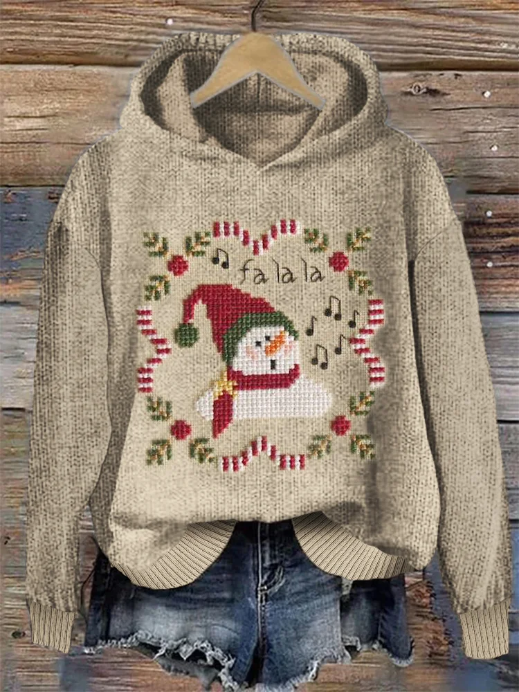 Lovely Singing Snowman Embroidery Art Cozy Knit Hoodie