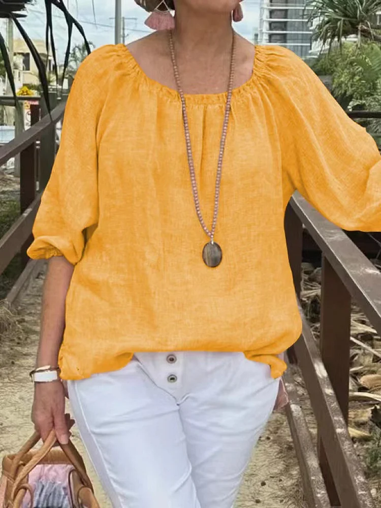 Plus Size Half-Length Sleeve Cotton and Linen Shirt Top