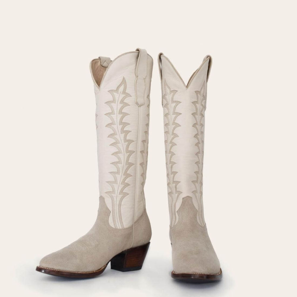Gray Pointed Toe Block Heel Knee High Embroidered Cowgirl Boots Nicepairs