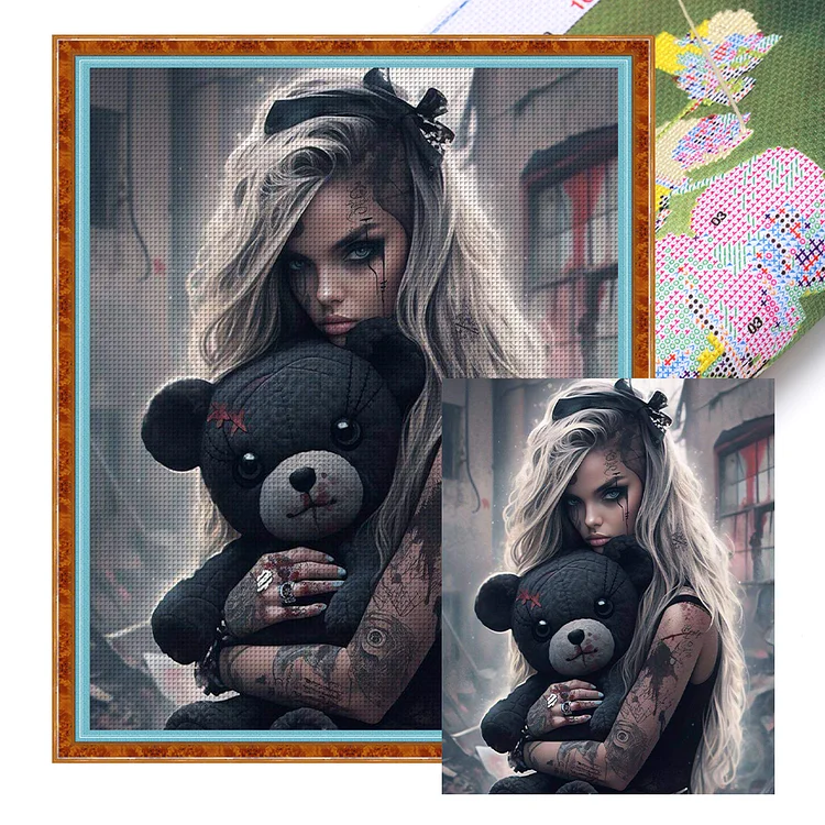 Scary Girl And Black Bear 11CT Stamped Cross Stitch 50*60CM