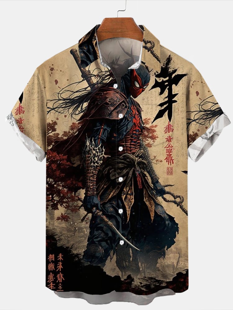 Men's Comfortable Ukiyo-e Samurai Print Shirt PLUSCLOTHESMAN