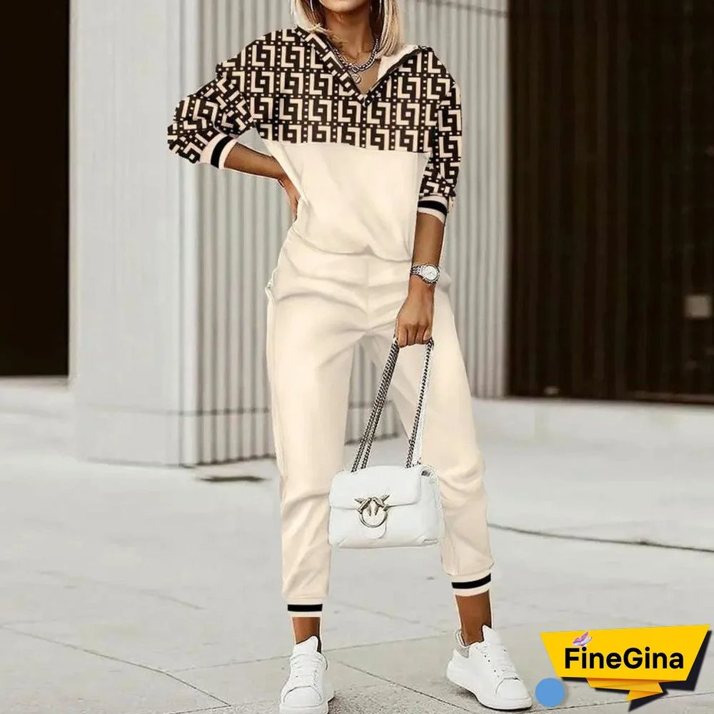 Beige Long Sleeve Print Two Piece Set