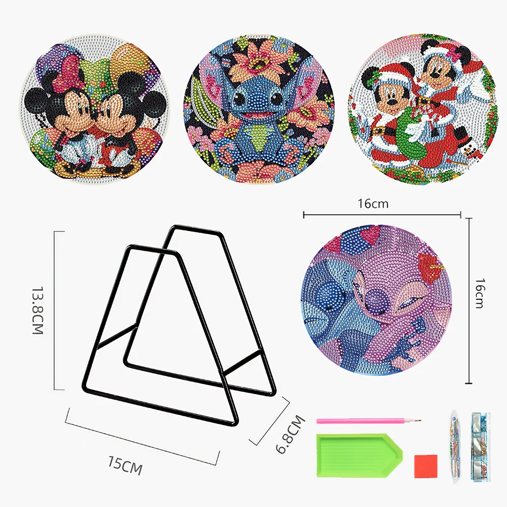 4pcs DIY Disneyland Cartoon Wooden Diamond Painted Placemats for Dining Table Decor(16*16cm)