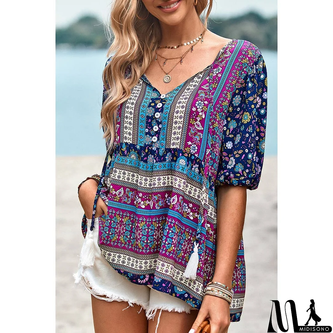 MidiSono - Floral Print Button Deep V Color Block Loose Fit Top