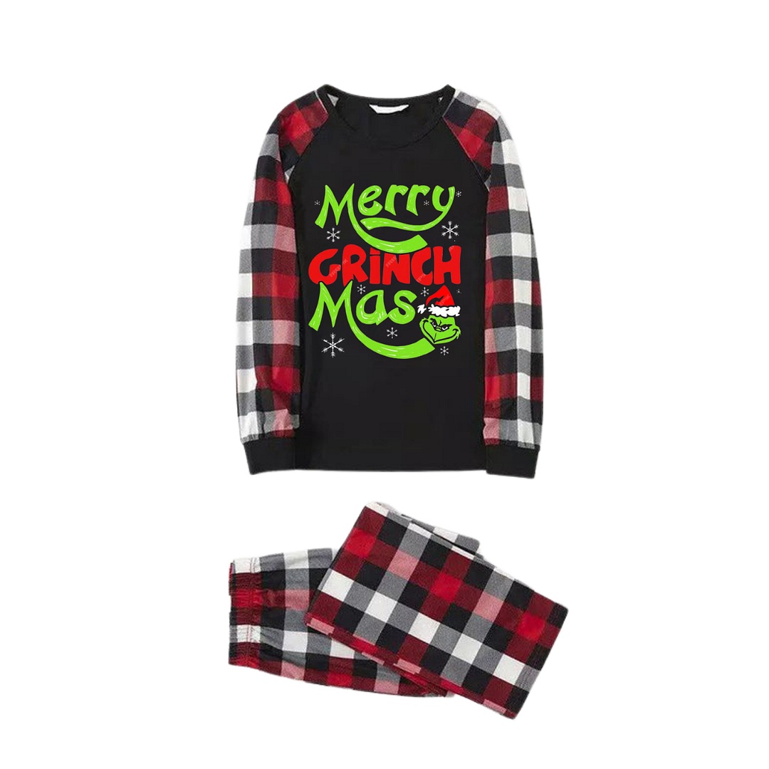 Christmas Cartoon Face and Text Prints Red & Black & Grey & White Plaid Family Matching Pajamas