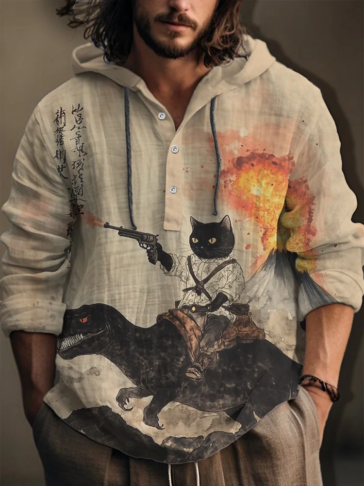 Men's Retro Calligraphy Cat Dinosaur Volcanic Eruption Art Print Hooded Shirt