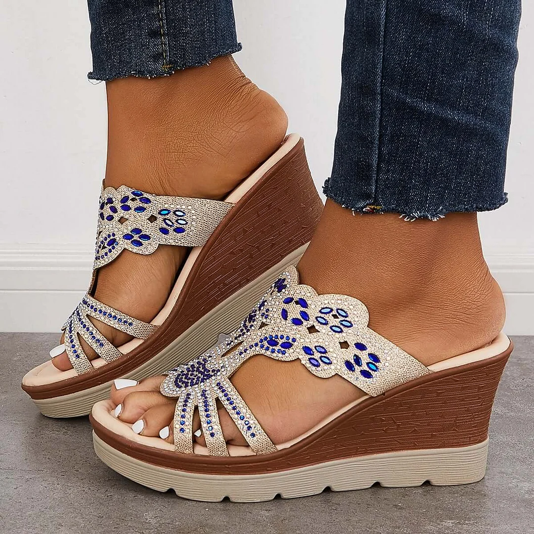 Women's Rhinestone Platform Wedges Sandals - Macrame Bling Slip on Sandals