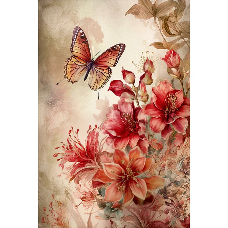 Retro Butterfly With Hibiscus 40*60CM (Canvas) Full Round Drill Diamond Painting gbfke