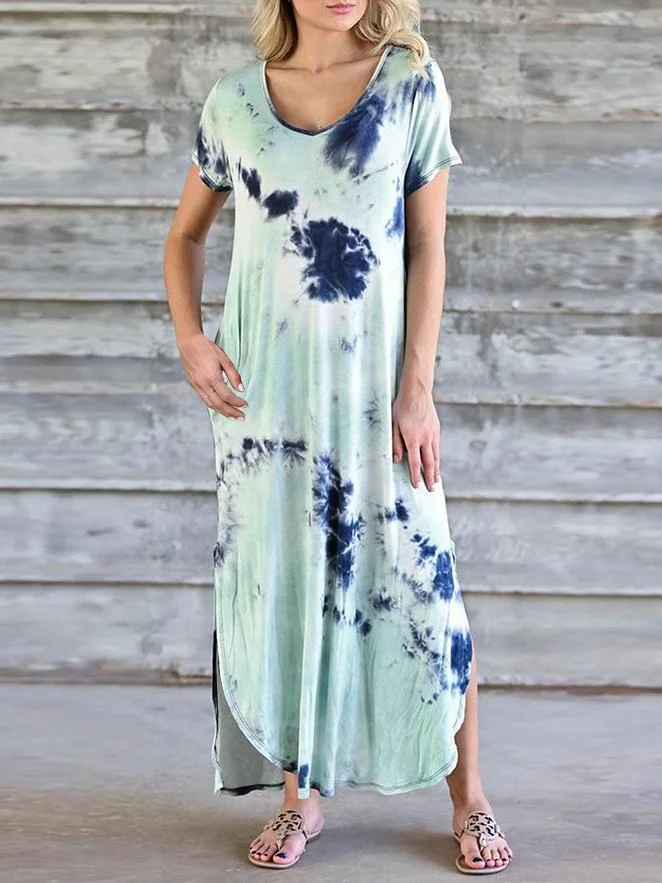 Women Half Sleeve V-neck Solid Color Dress