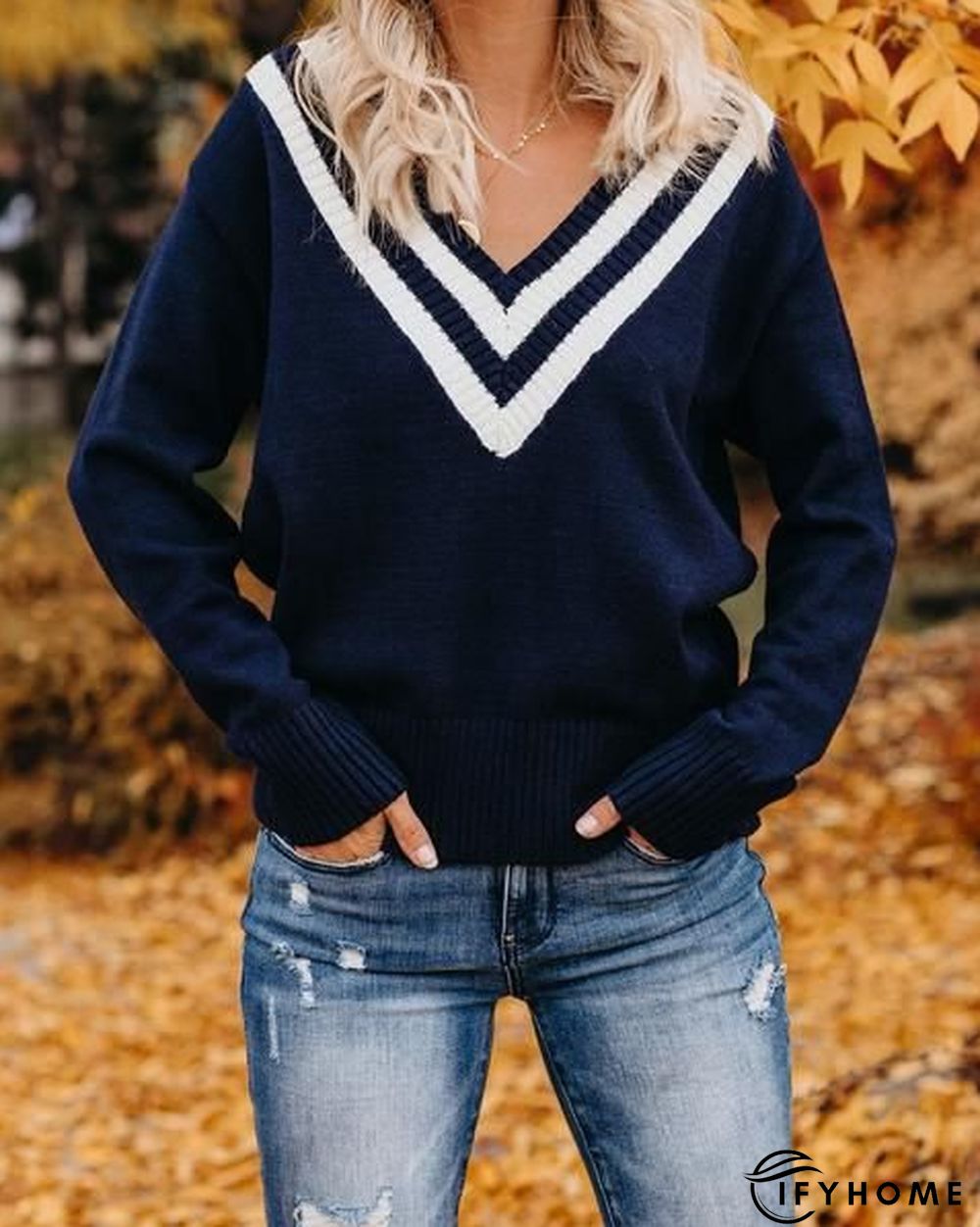 Deep Blue Casual Knitted Color-Block Long Sleeve Sweater | IFYHOME