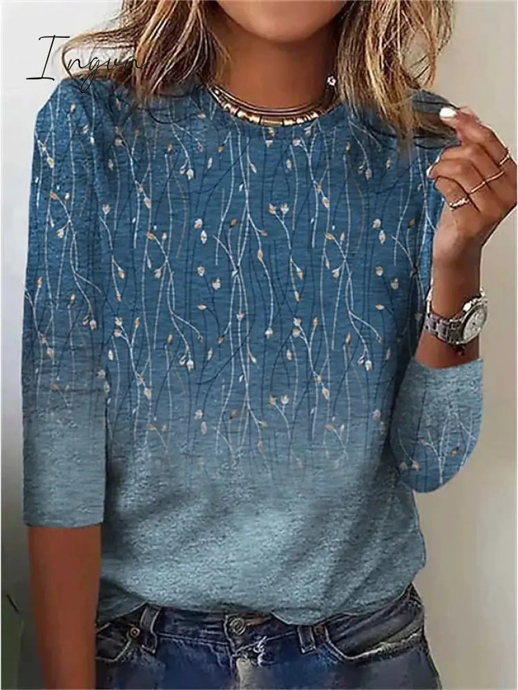 Ingvn - Women’s T Shirt Tee Blue Floral Print Long Sleeve Holiday Weekend Basic Round Neck