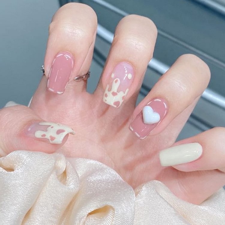 French Heart Decal Ballerina False Nail Square Full Coverage Manicure Leopard Smudge Amber Flower Double Color Fake Nail Tip