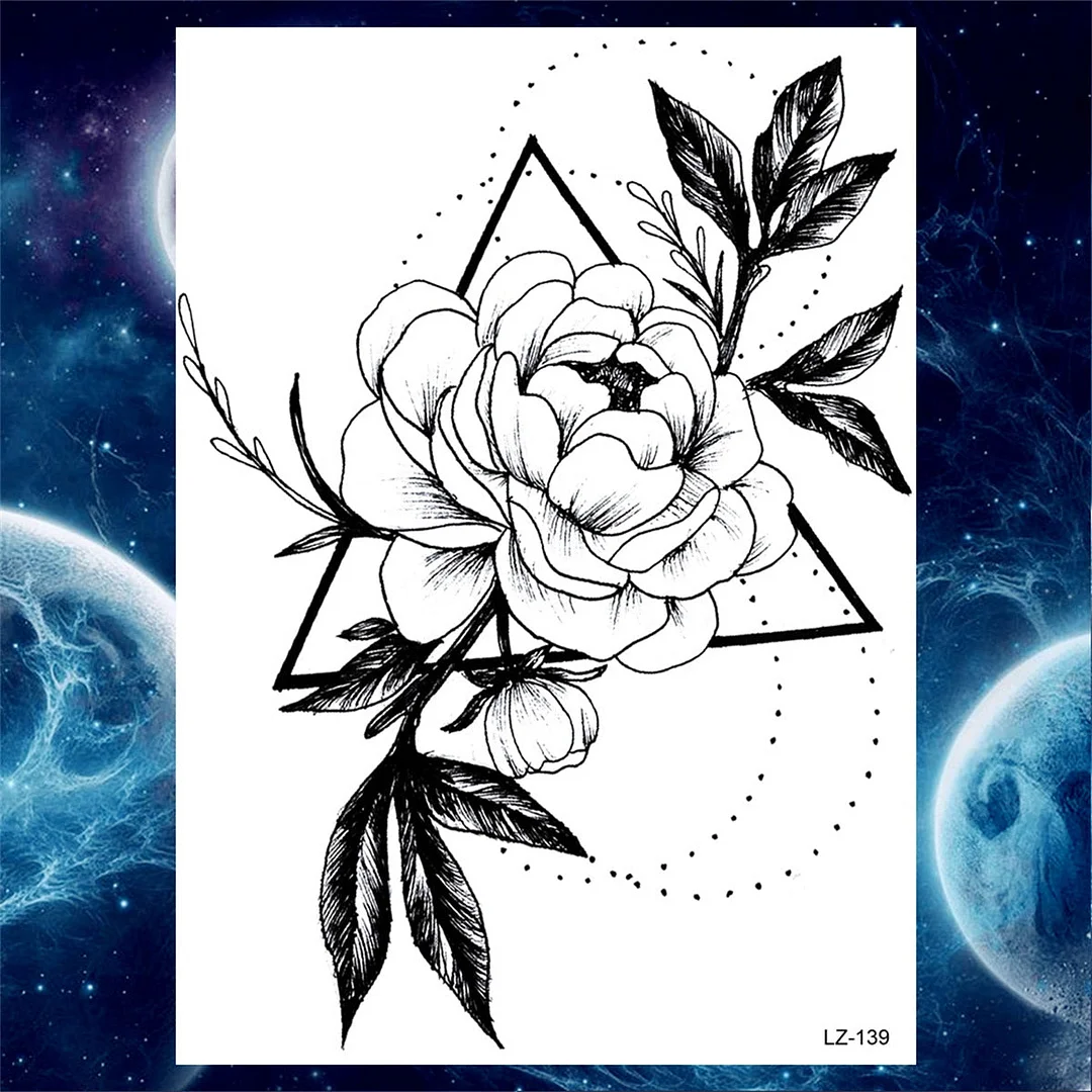 Large 3D Rose Flower Temporary Tattoos For Women Men Adults Death Skull Tattoo Sticker Peony Dahlia Black Fake Tatoos Forearm