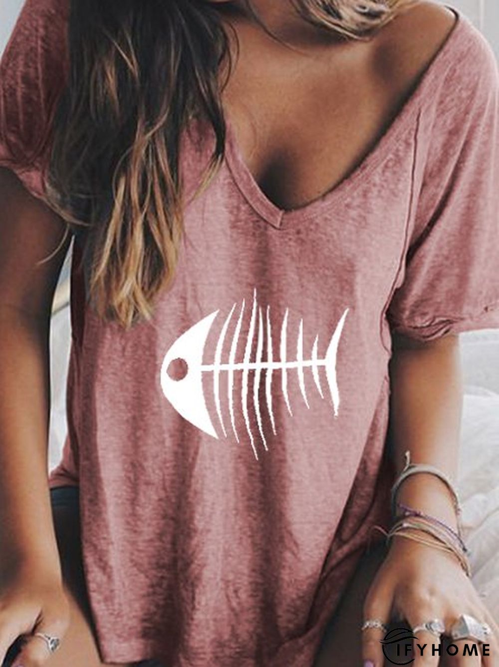 Casual V Neck Cotton-Blend T-shirt | IFYHOME