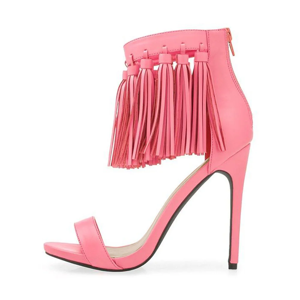 Pink Open Toe Tassel Ankle Strap Women's Heel Sandals with Zipper