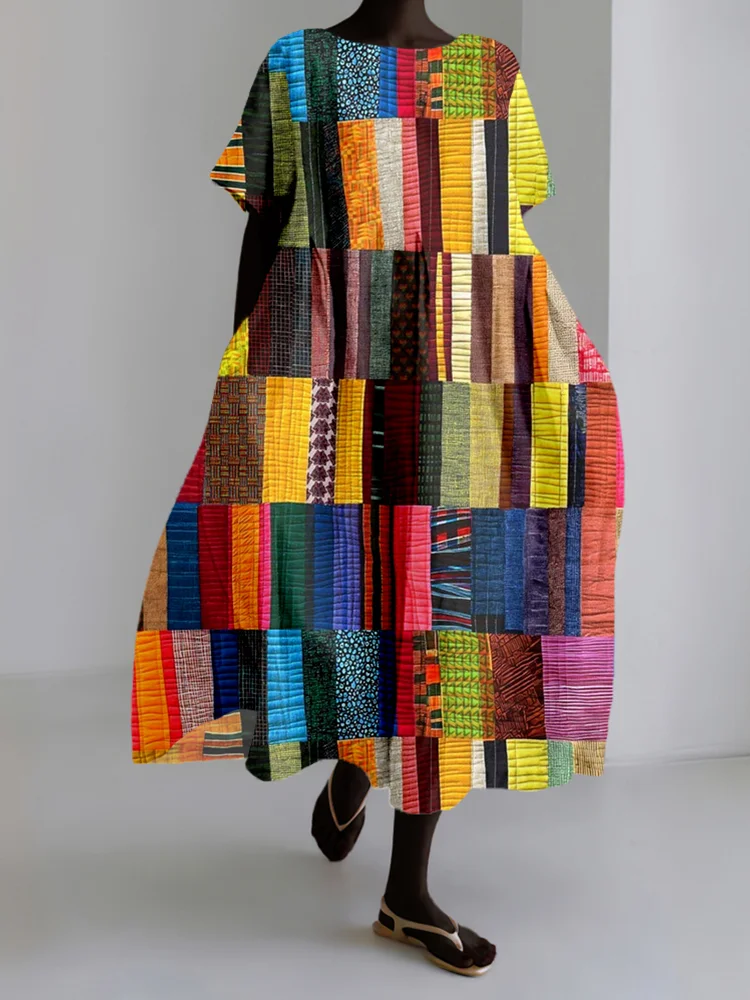African Colorful Patchwork Linen Blend Maxi Dress