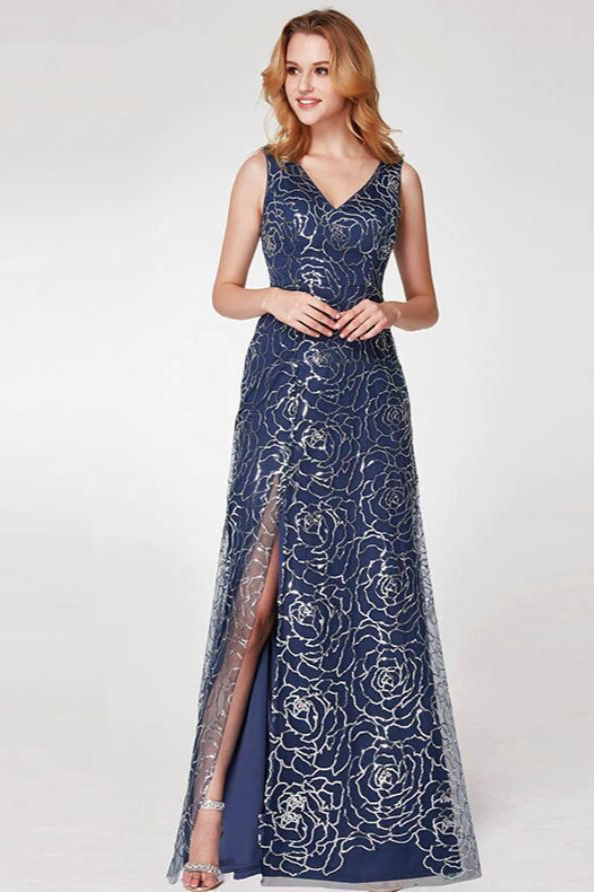 Bellasprom V-Neck Navy Prom Dress Long Online With Split Sleeveless Bellasprom