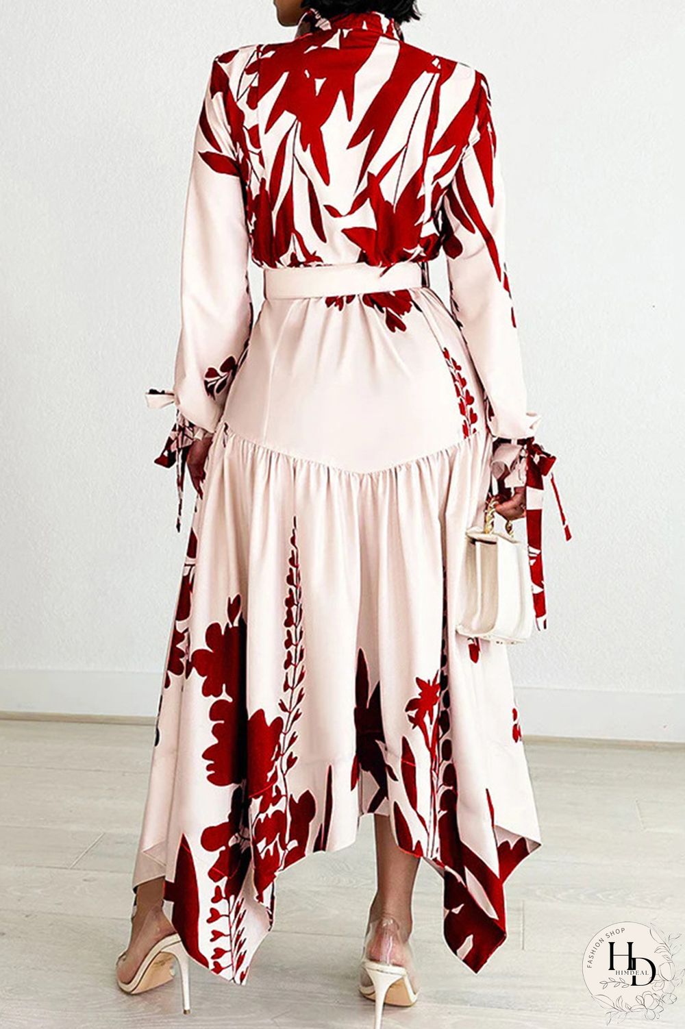 Elegant Print Patchwork With Belt Turndown Collar Irregular Dresses