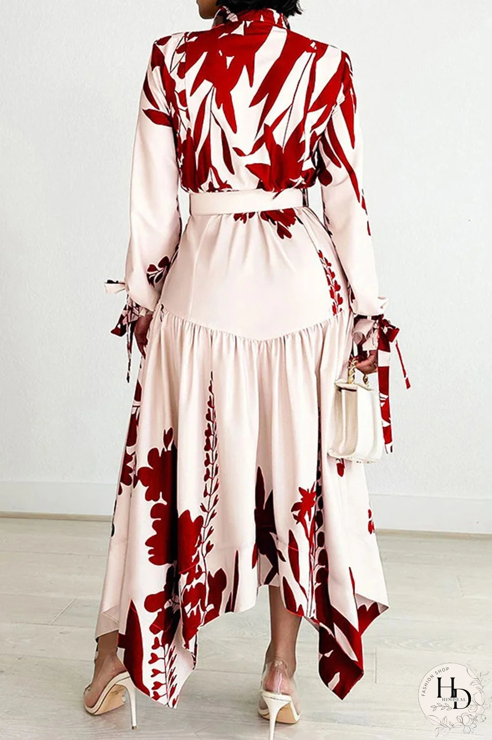 Elegant Print Patchwork With Belt Turndown Collar Irregular Dresses